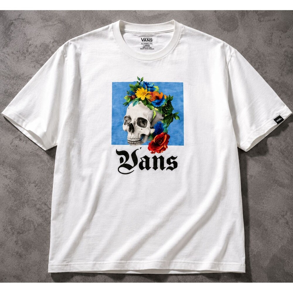 Vans Skull Floral White Graphic Tee Skate Streetwear Flowers T Shirt Mens Large
